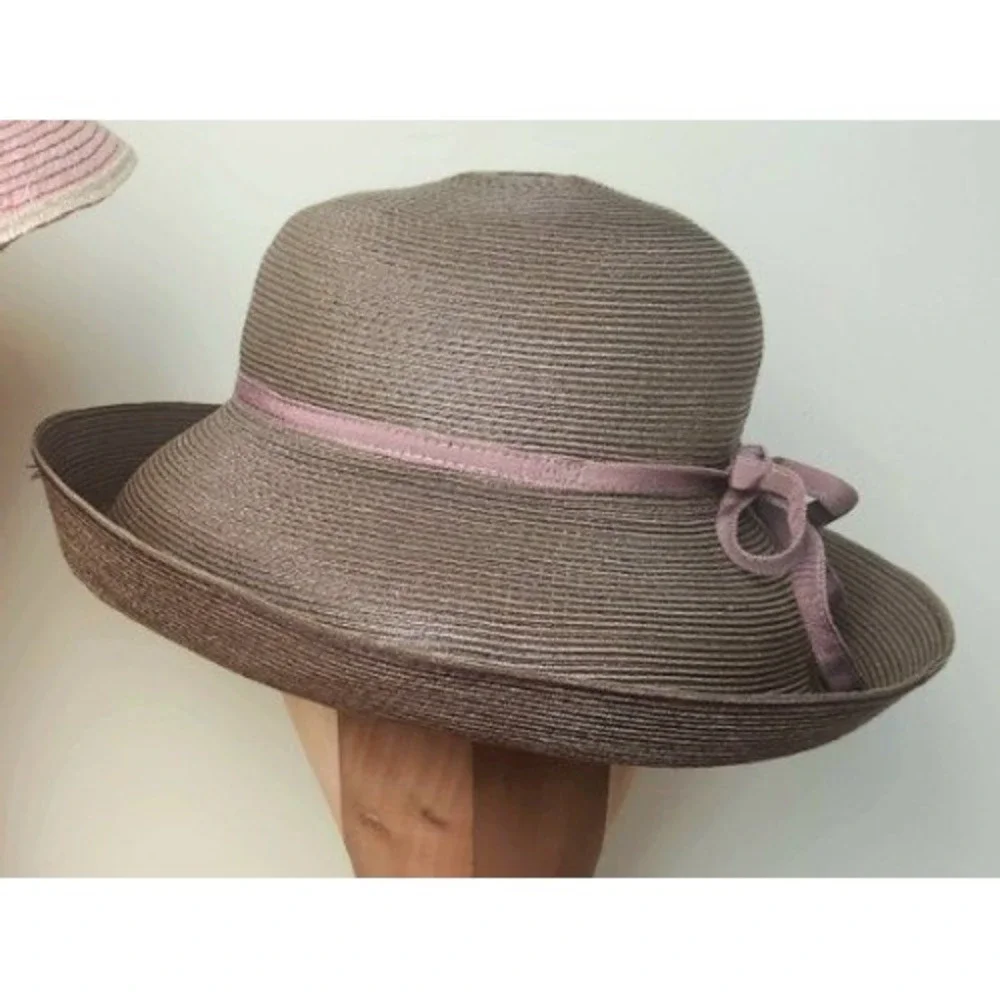 Vintage Eric Javits Squishee‎ Packable Straw Hat Brown Pink Bow - Picture 3 of 7